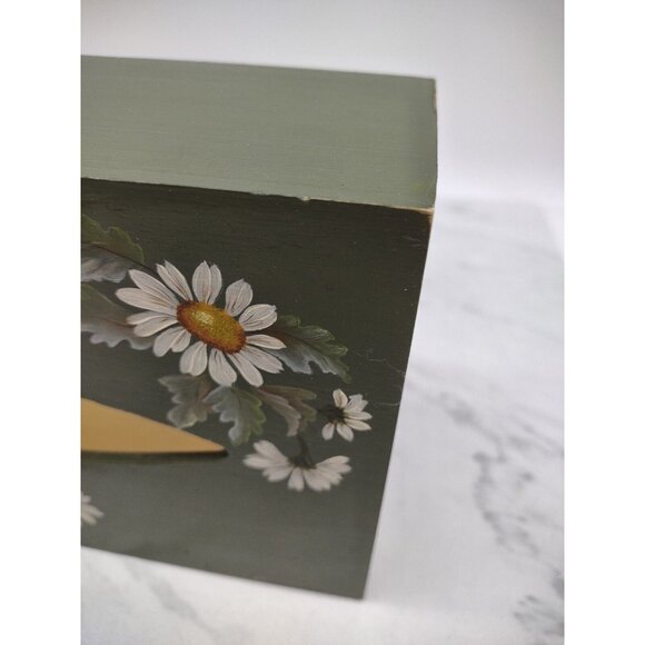 Tole Painted Wooden Tissue Box Cover Rectangle Daisy Floral Hand Painted Green - Picture 10 of 13